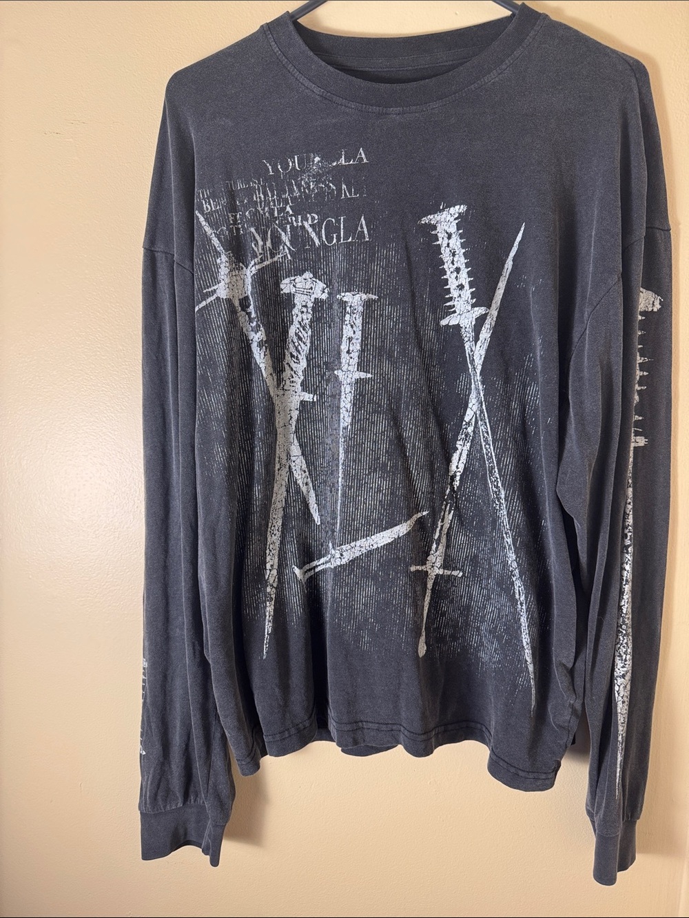 YoungLA Black Crewneck Sweater with White Distressed Sword Graphic